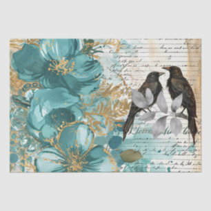 Papel De Seda Tília e Dourado Floral Envelhecido e Corvos