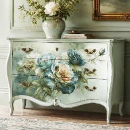 Papel De Seda Tinta a Óleo Azul Turquesa Galho de Rosa Decoupage