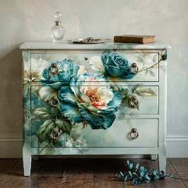 Papel De Seda Tinta a Óleo Azul Turquesa Galho de Rosa Decoupage
