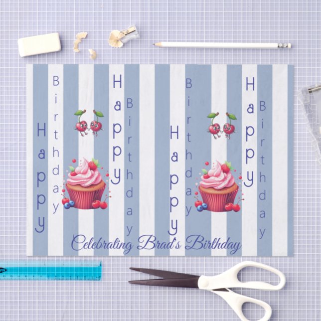 Papel De Seda Tissue Paper Blue & White Stripe Birthday  (Arte )