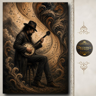 Papel De Seda Toca Banjo Vintage Arte de Música Folk Country