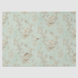 Papel De Seda Toile de Jouy Verde Menta Pássaros e Flores Countr