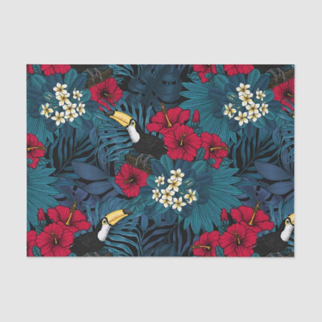 Papel De Seda Toucans e flora tropical, verdes e vermelhas (Frente )