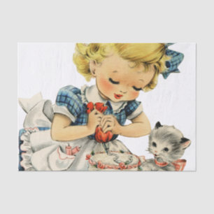 Papel De Seda Trabalhos de arte retros do gato do bolo da menina