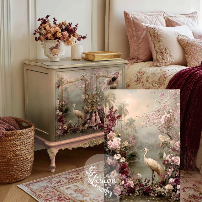 Papel De Seda Tranquilidade Chinoiserie Floral Romance de Pássar (Chinoiserie Tranquillity White Crane Bird Ethereal Floral Decoupage Tissue Paper.)