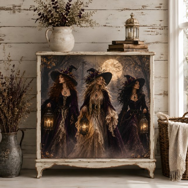 Papel De Seda Três Bruxas Góticas Floresta Encantada Lua Cheia (Three Gothic Witches Full Moon Enchanted Forest Tissue Paper)