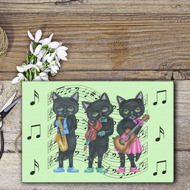 Papel De Seda Três gatos negros de música Notas de música verdes (Musician black cats bars of black music notes playing music on green tissue paper.)