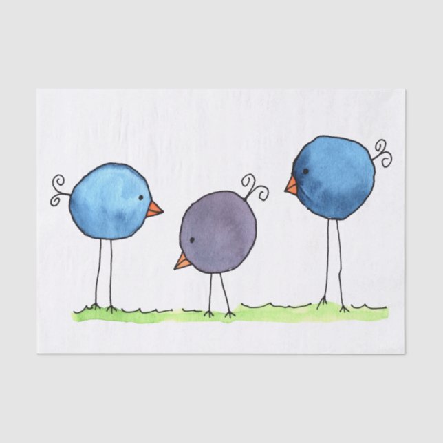 Papel De Seda Três Pássaros Aquosos de Aquarela (Frente )