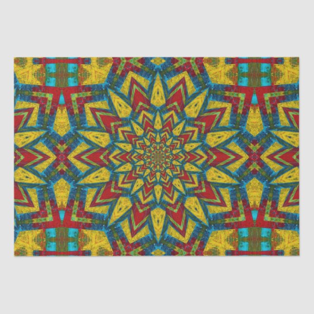 Papel De Seda Tribal Abstrato de Hippie Vermelho Amarelo Azul Az (Frente )