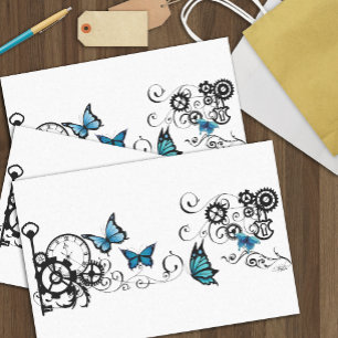 Papel De Seda Tribal Steampunk Borboletas Azuis Engrenagem Redem