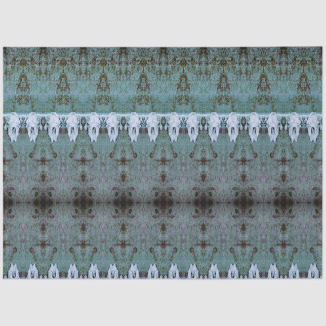 Papel De Seda Tribal Western Patteral Teal White Bull Crânio (Frente )
