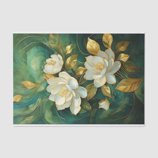 Papel De Seda Trio de Gardênia Branca Dourada, Flores Formais (Frente )