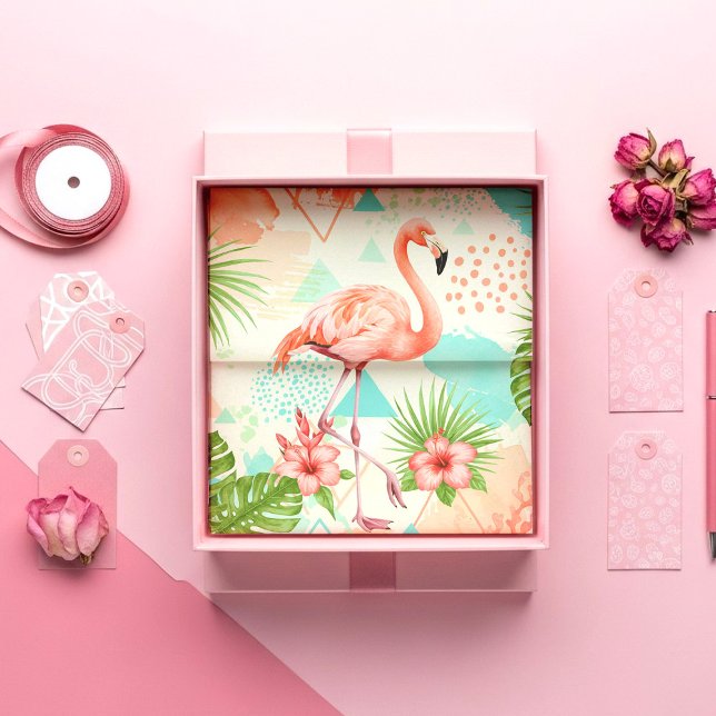 Papel De Seda Tropical Flamingo Watercolor & Geometric Pattern (Criador carregado)