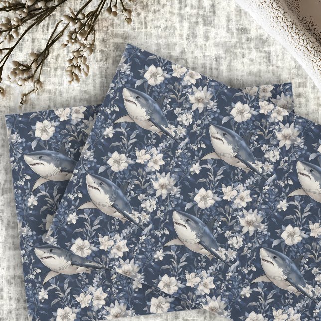 Papel De Seda Tubarão Branco Flores Florais (Criador carregado)