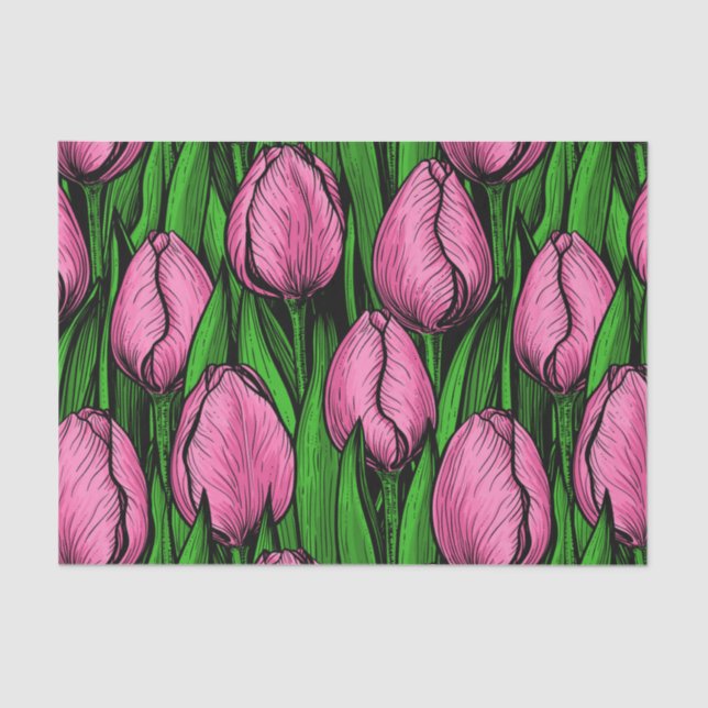 Papel De Seda Tulipas cor-de-rosa com folhas verdes (Frente )