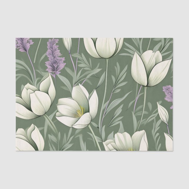 Papel De Seda Tulipas E Lavanda Em Verde (Frente )
