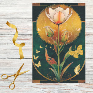 Papel De Seda Tulipas frias com borboletas Douradas em Lady Bug