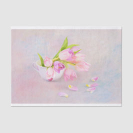 Papel De Seda Tulipas Rosa E Púrpura Com Taça De Chá Vintage