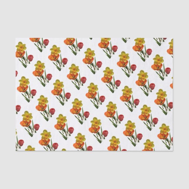 Papel De Seda Tulipas vermelhas e flores de narciso amarelo (Frente )