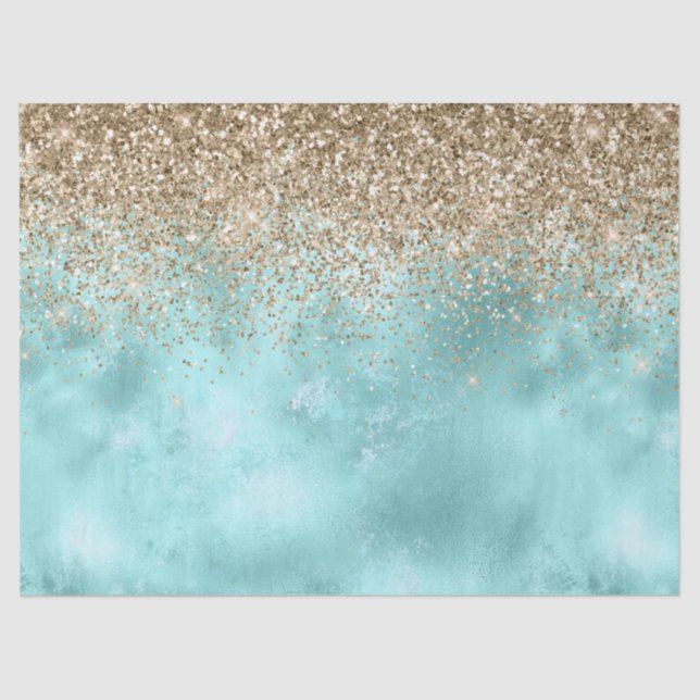 Papel De Seda Turquesa Aqua Dourado Glitter Sparkle     (Frente )