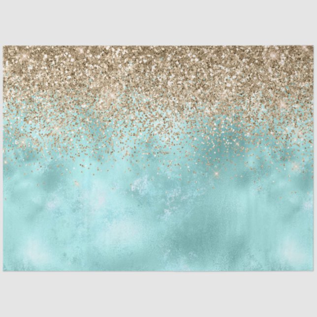 Papel De Seda Turquesa Aqua Dourado Glitter Sparkle (Frente )