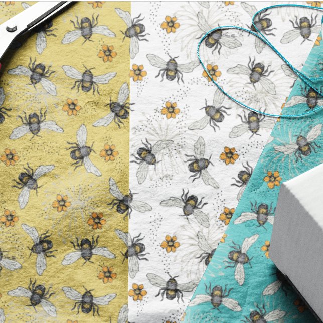 Papel De Seda Turquesa da Moda Zumbindo Abelha da Primavera e Ve (Cute, happy bees and yellow Cosmos Spring and Summer flowers. In many colors and wrapping paper too )