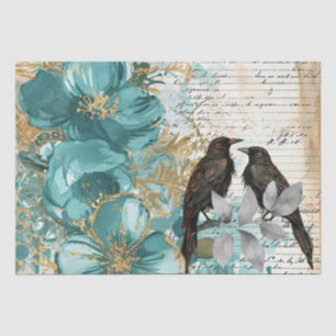 Papel De Seda Turquesa & Dourado Floral Envelhecido & Corvos