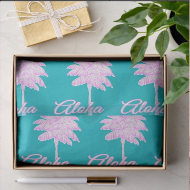 Papel De Seda Turquesa Rosa Branco Palma Aloha Tropical  (Tissue paper for gifting or crafting!)