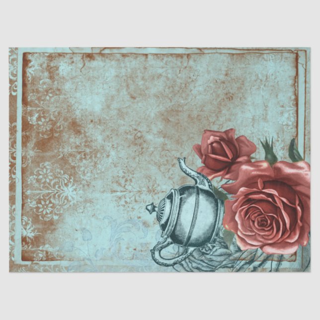 Papel De Seda Turquoise Floral Teapot Decoupage (Frente )