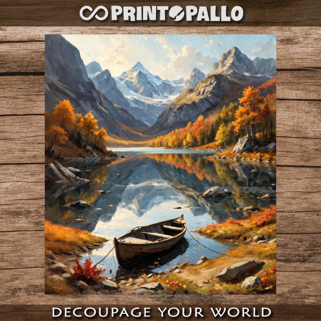 Papel De Seda Um barco a remo num lago de montanha no outono (Criador carregado)