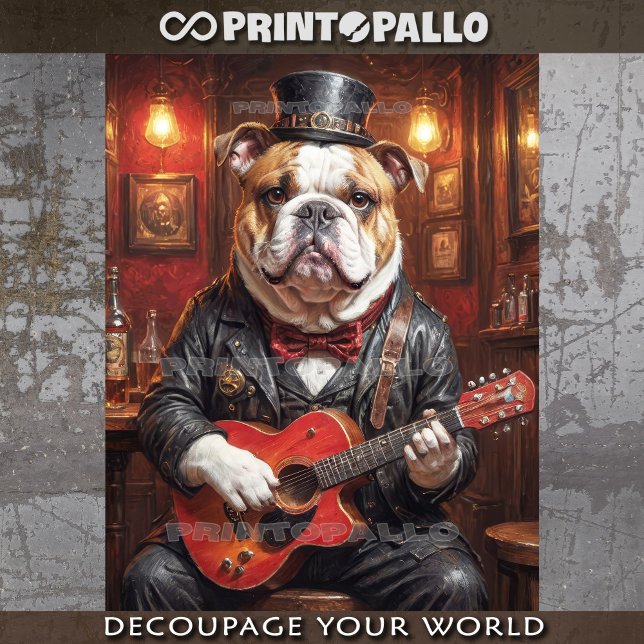 Papel De Seda Um buldogue steampunk tocando guitarra em um pub - (Criador carregado)