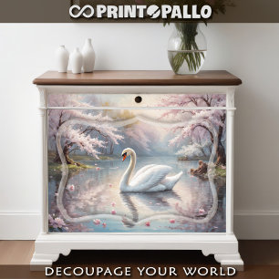Papel De Seda Um cisne branco em um lago em um mundo de rosas -