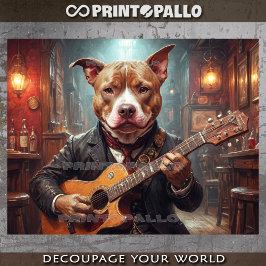 Papel De Seda Um elegante Pitbull tocando guitarra em pub
