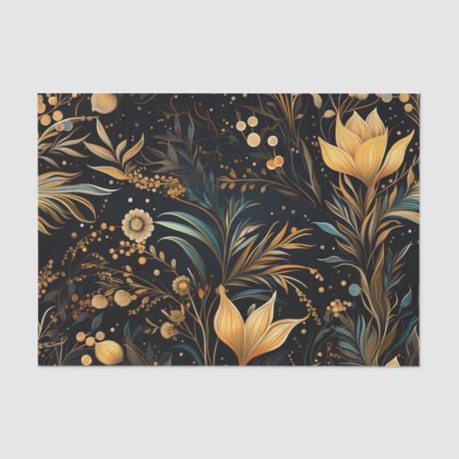 Papel De Seda Um Playground de Flores Verdes Douradas e Azuis (Frente )