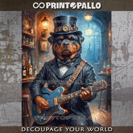 Papel De Seda Um Rottweiler steampunk tocando guitarra em um pub