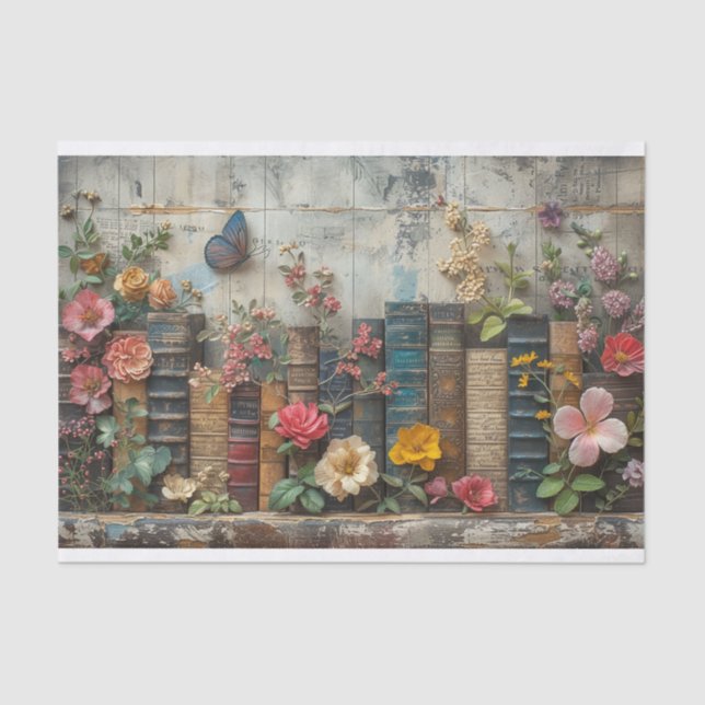 Papel De Seda Uma Fileira de Livros com Flores (Frente )