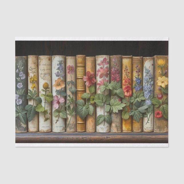 Papel De Seda Uma Fileira de Livros e Flores (Frente )