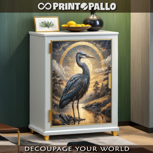 Papel De Seda Uma garça azul em um lago fantástico dourado (Criador carregado)