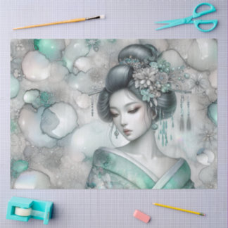 Papel De Seda Uma Geisha em Série de Design Verde #23
