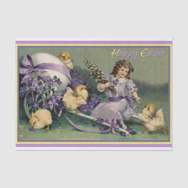 Papel De Seda Uma Menina Feliz de Páscoa Vintage com Pintinhos (Frente )
