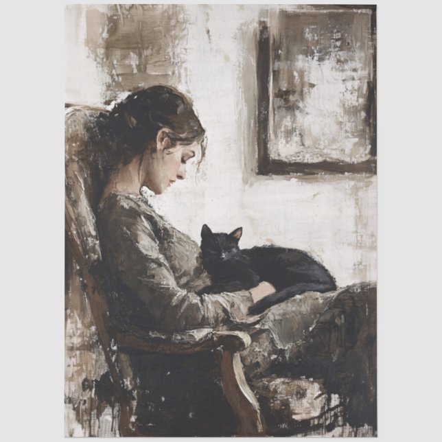 Papel De Seda Uma Senhora e Seu Gato Decoupage (Frente )