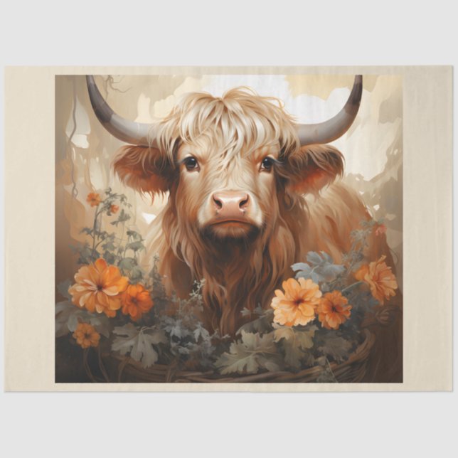 Papel De Seda Uma Série Floral Highland Cow Design 2 (Frente )