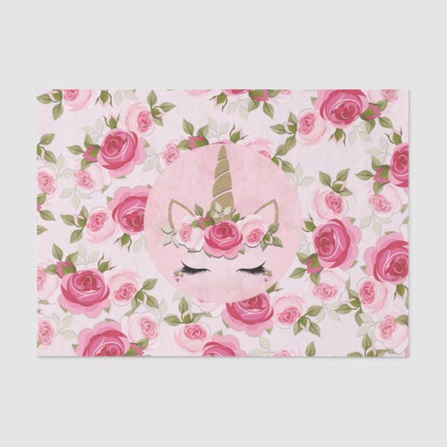 Papel De Seda Unicórnio Dourado Rosas Florais Rosa Fofas Na Moda (Frente )
