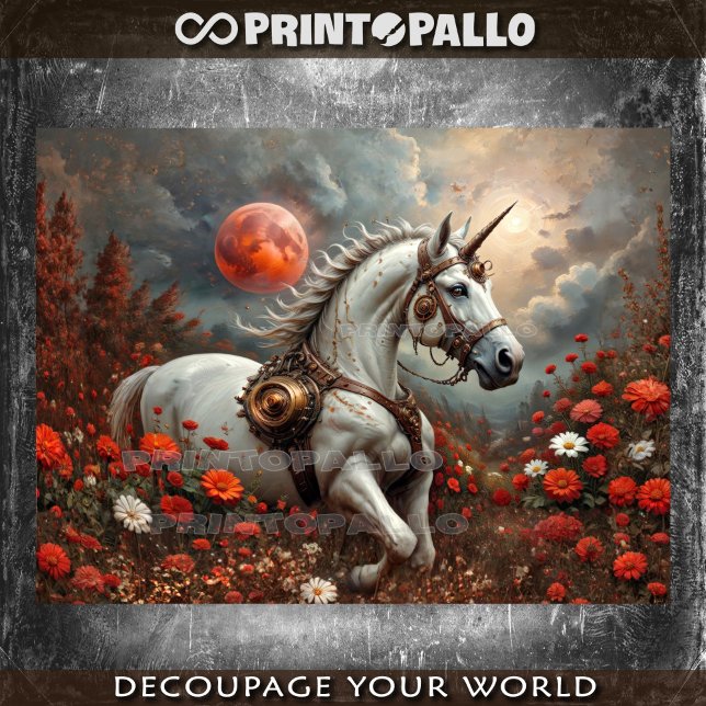 Papel De Seda Unicórnio Steampunk no planeta de flores mágicas (Criador carregado)