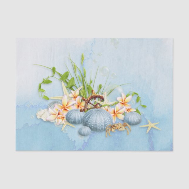 Papel De Seda Urchin do Mar Azul Costeiro Floral (Frente )