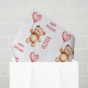 Papel De Seda Urso de pelúcia Rosa Fofo em Aquarela Feliz Aniver