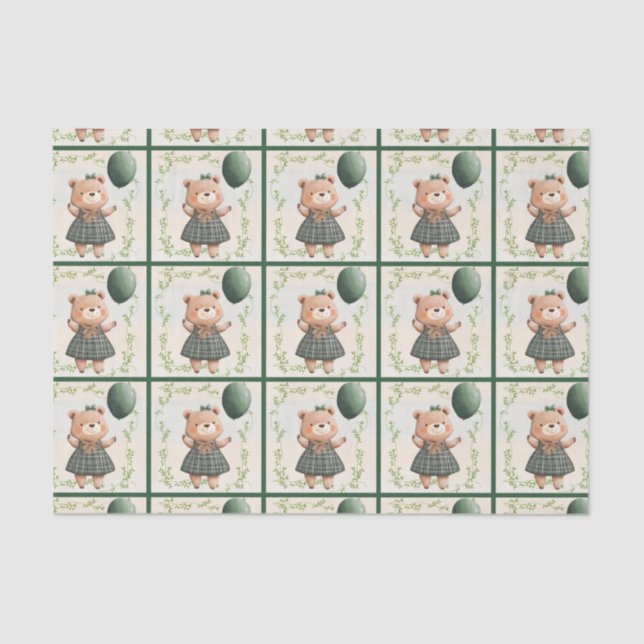 Papel De Seda Urso de Vestido Verde da Xadrez com Arco de Cabelo (Frente )