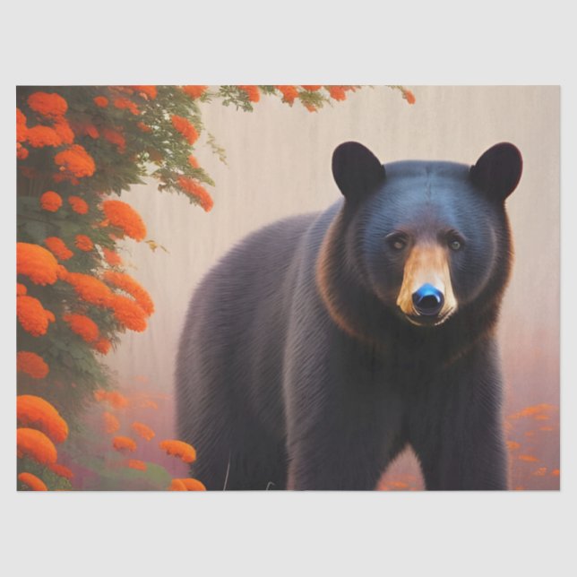 Papel De Seda Urso Negro em flores laranja (Frente )
