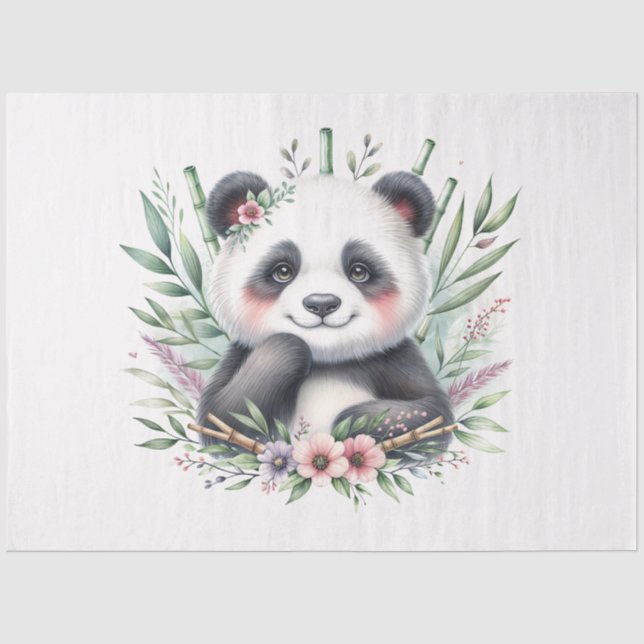 Papel De Seda Urso Panda com Floral de Bambu Aquarela (Frente )