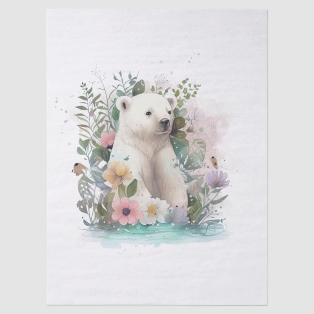Papel De Seda Urso Polar Floral Aquarela (Frente )